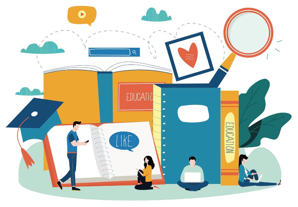 Educational illustration showing students interacting with books and learning materials